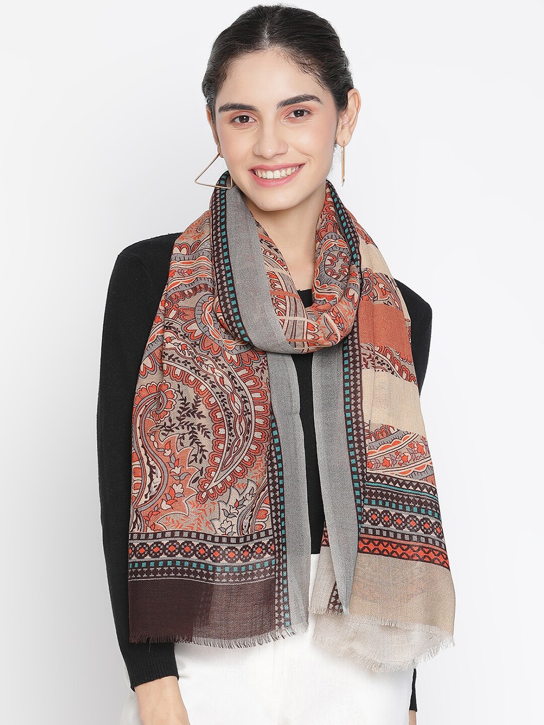 

SHINGORA Women Brown & Grey Printed Fringed Stole