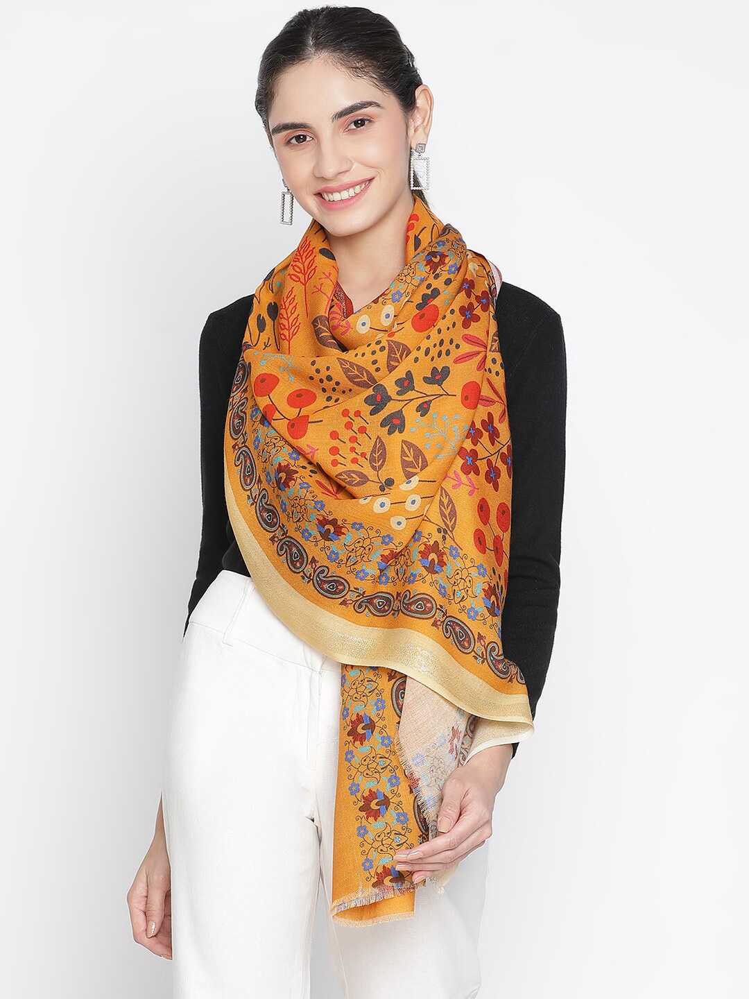 

SHINGORA Women Mustard & Green Floral Printed Fringed Stole