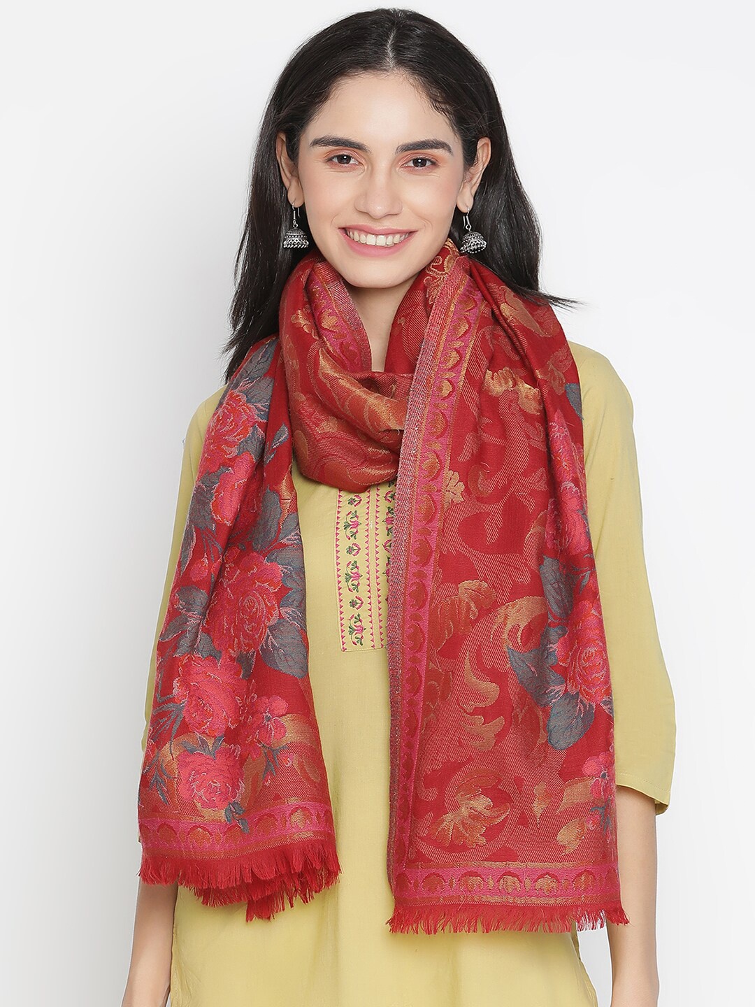 

SHINGORA Women Red & Grey Woven Design Fringed Stole