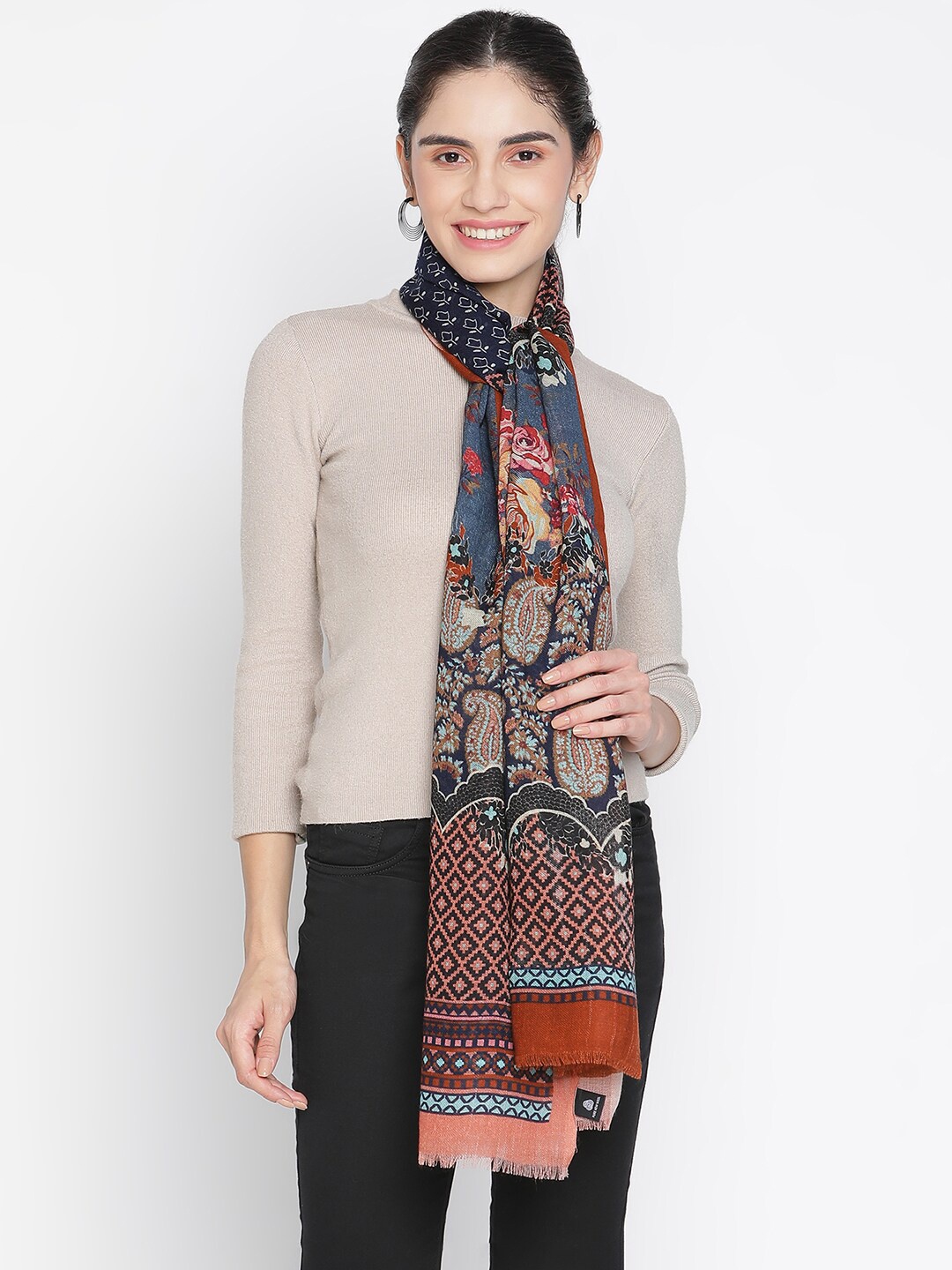 

SHINGORA Women Blue & Rust Printed Fringed Stole