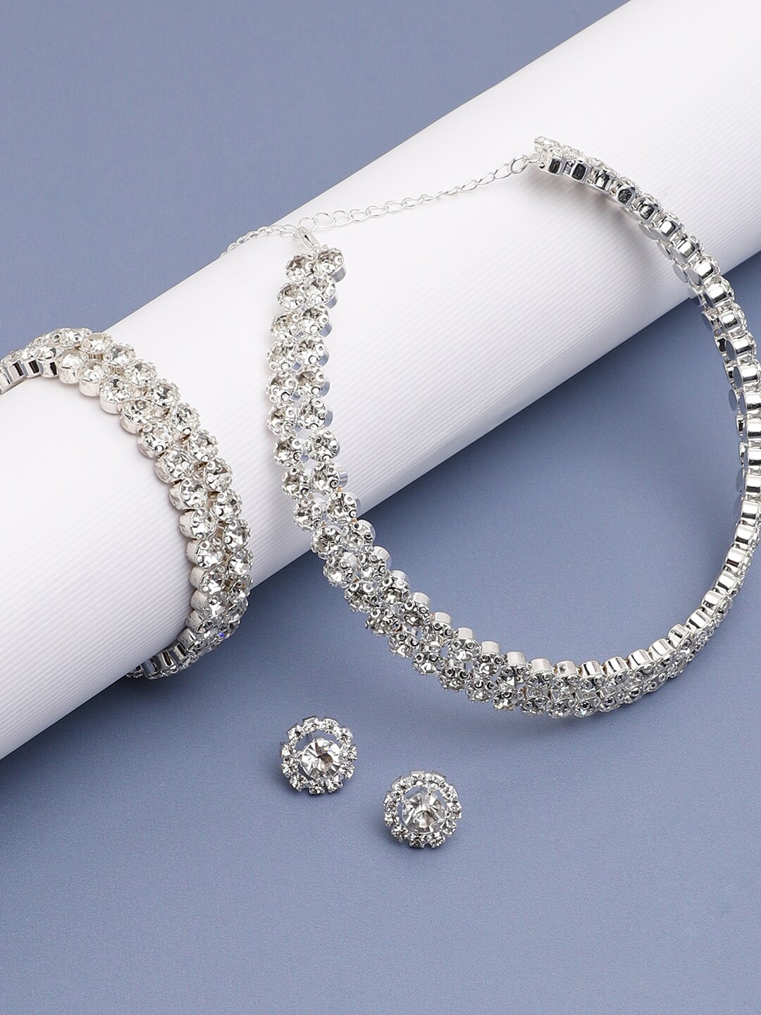 

SOHI White Silver-Plated Stone Studded Jewellery Set