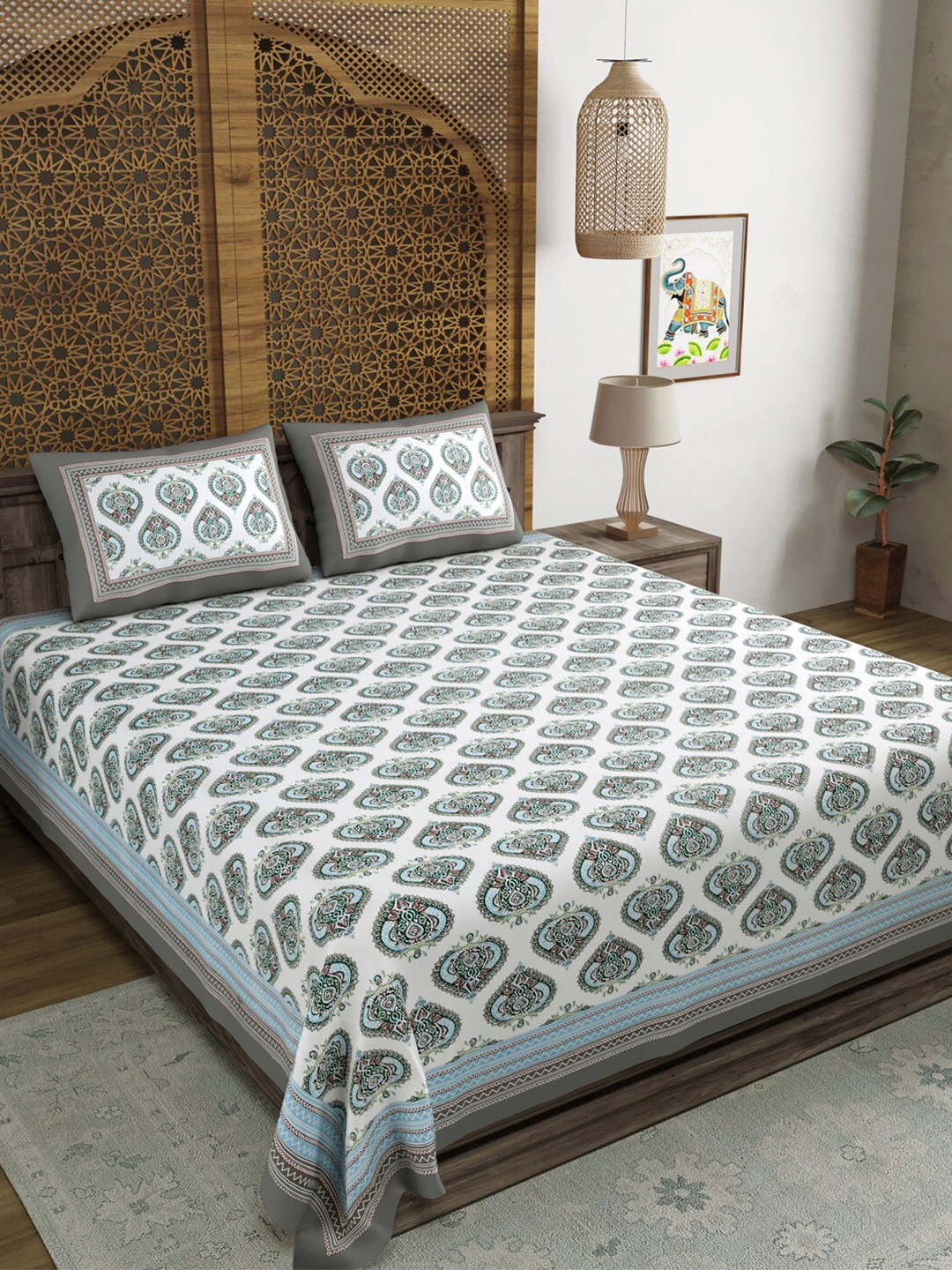 

BLOCKS OF INDIA Grey & White Printed 210 TC Cotton King Bedsheet with 2 Pillow Covers