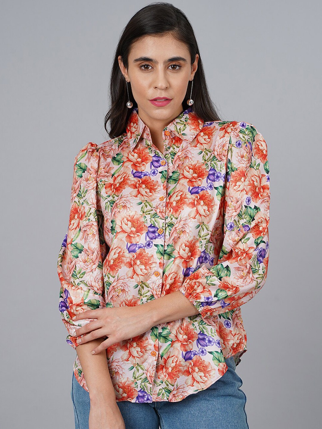 

SCORPIUS Women Peach-Coloured Premium Floral Printed Casual Shirt