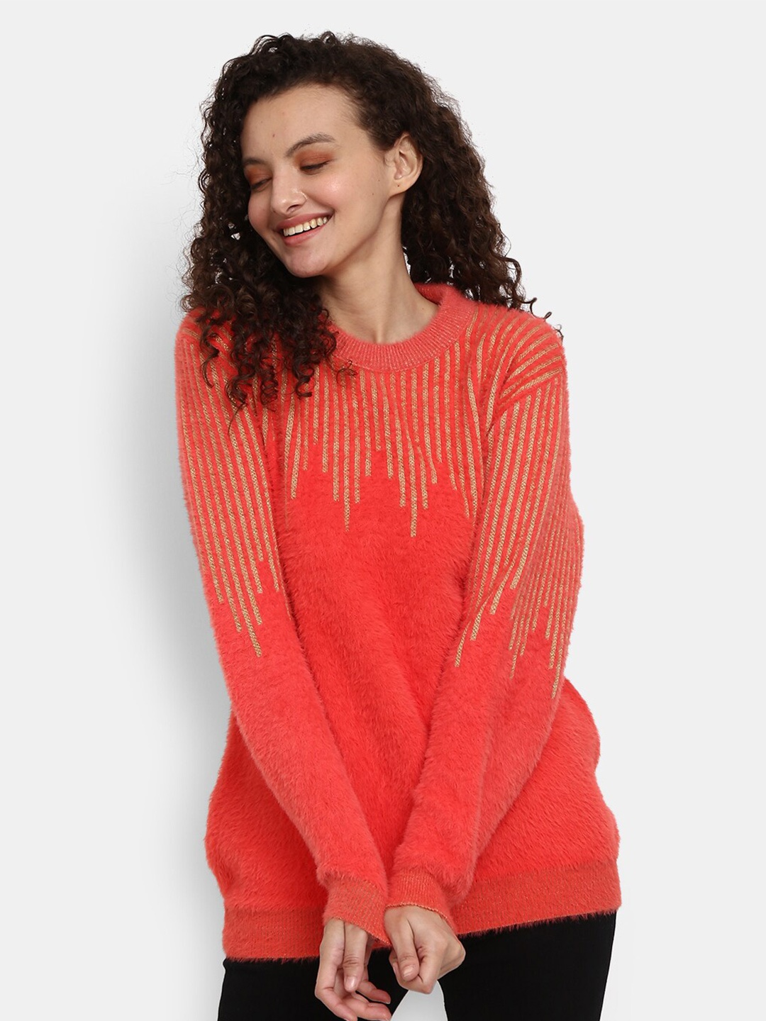 

V-Mart Women Red & Gold Self Design Round Neck Pullover