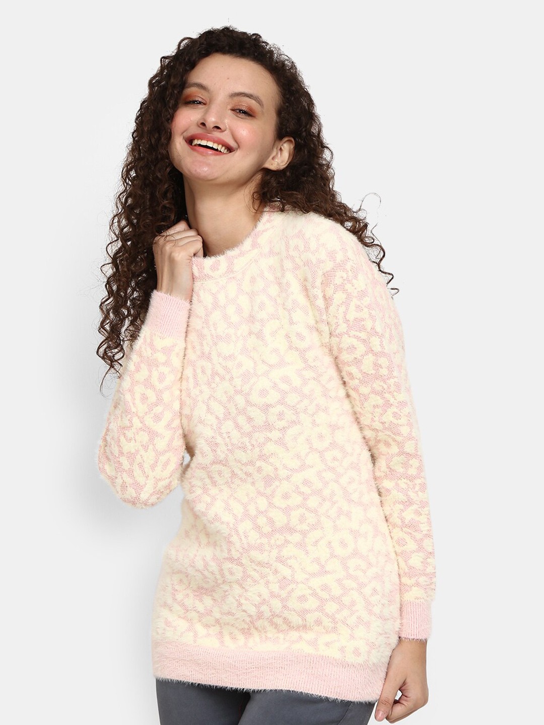

V-Mart Women Cream-Coloured Self Design Round Neck Pullover