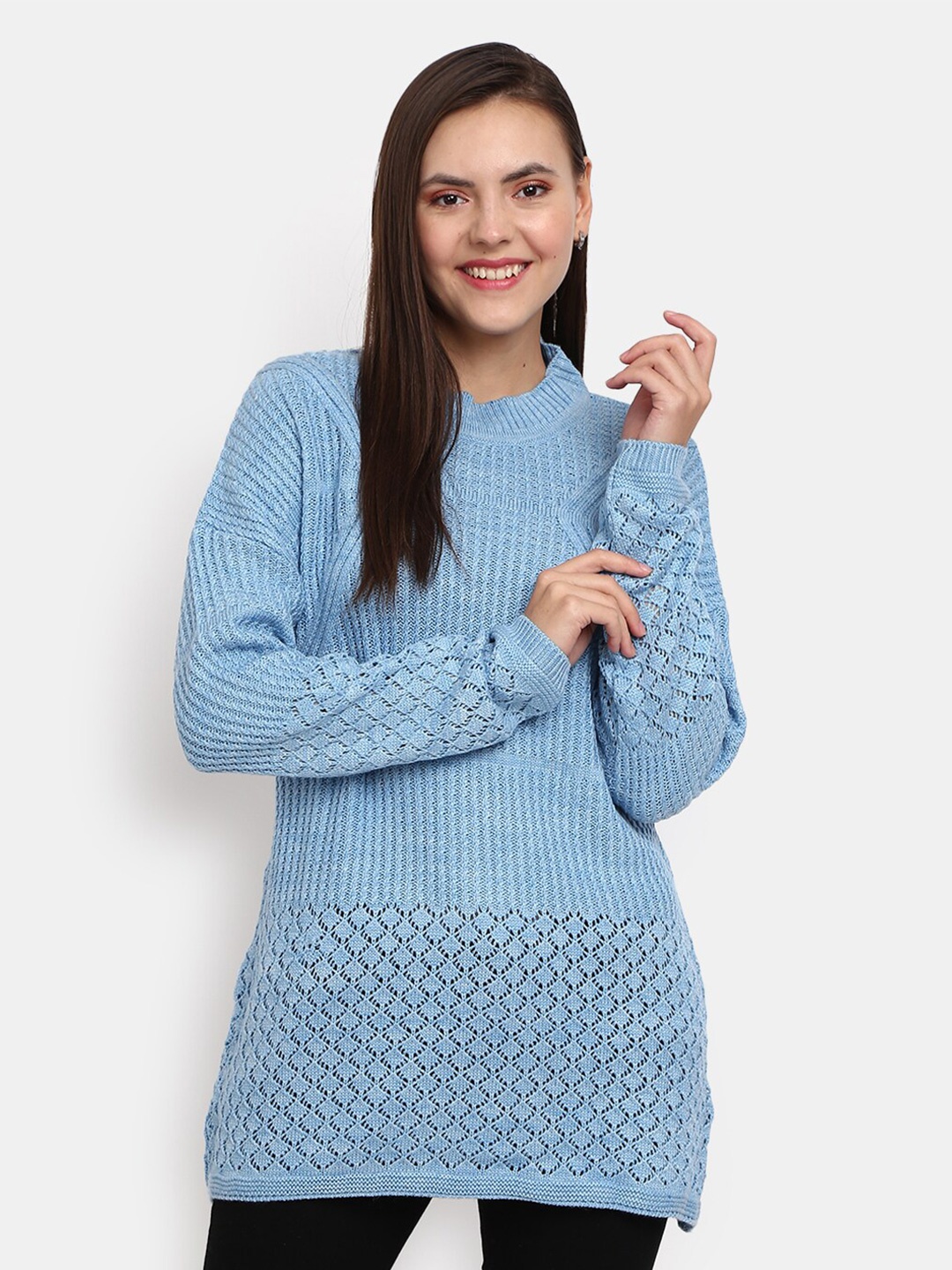 

V-Mart Women Light Blue Self Design Round Neck Pullover