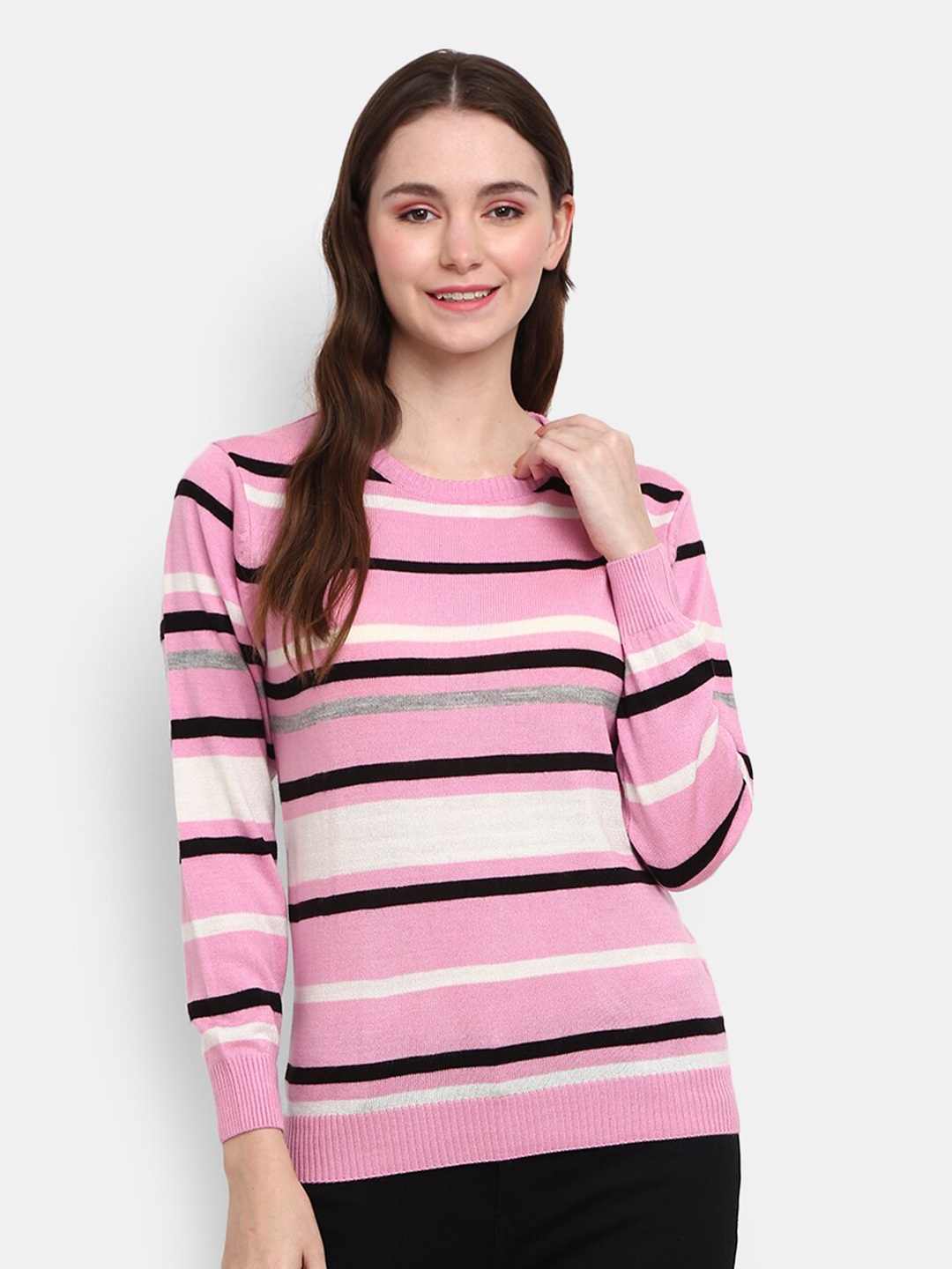 

V-Mart Women Pink Striped Sweatshirt