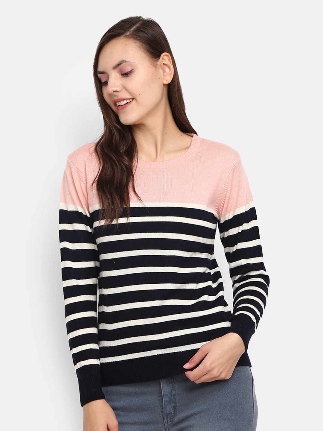 

V-Mart Women Pink & Black Striped Round Neck Pullover