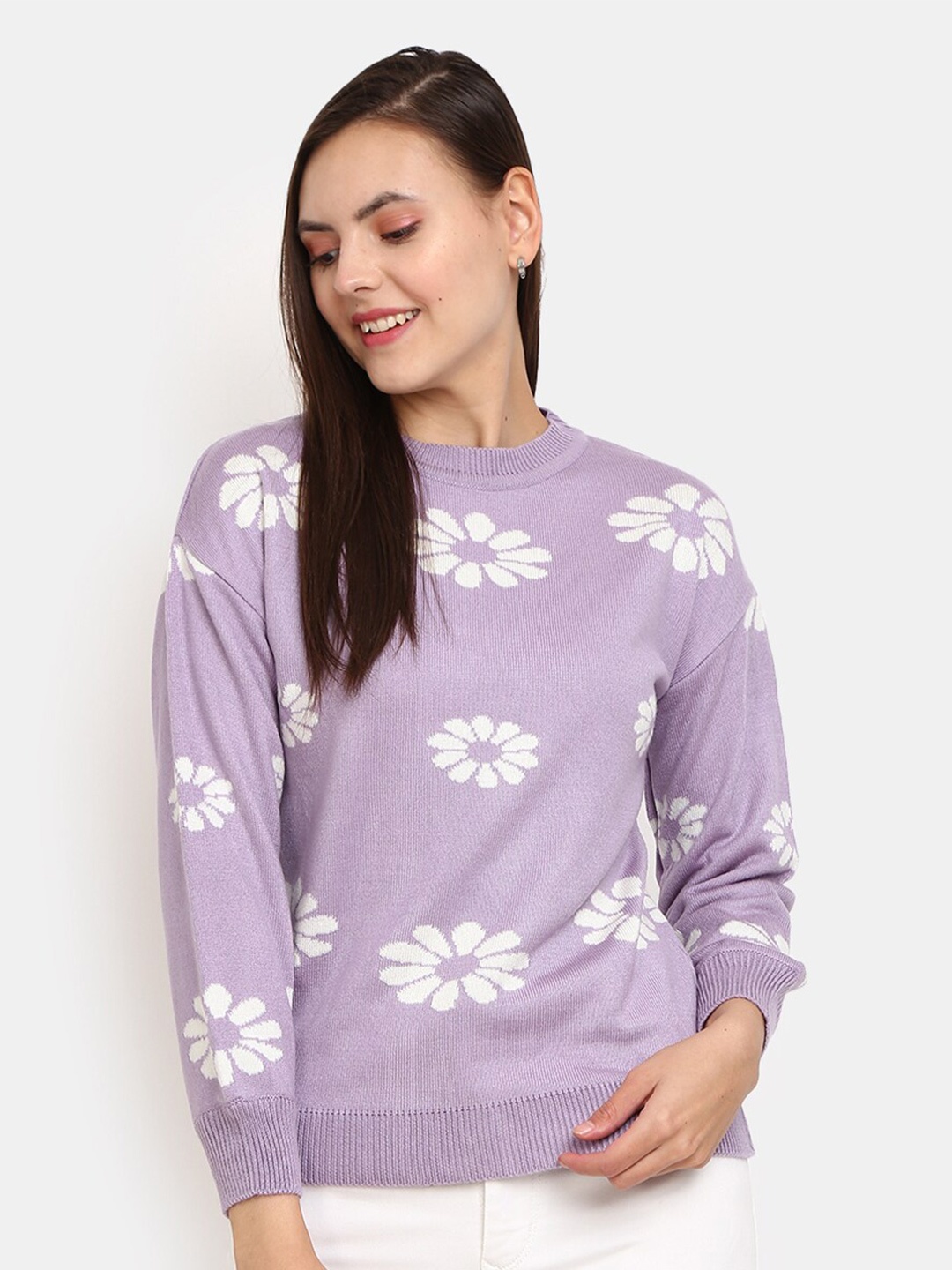 

V-Mart Women Purple & White Floral Round Neck Pullover