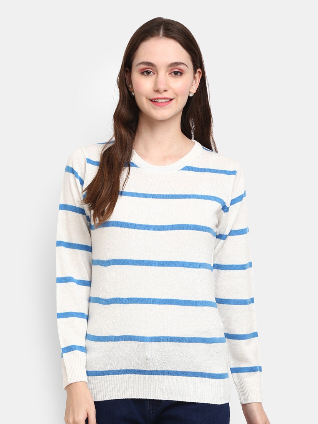 

V-Mart Women White Striped Sweatshirt