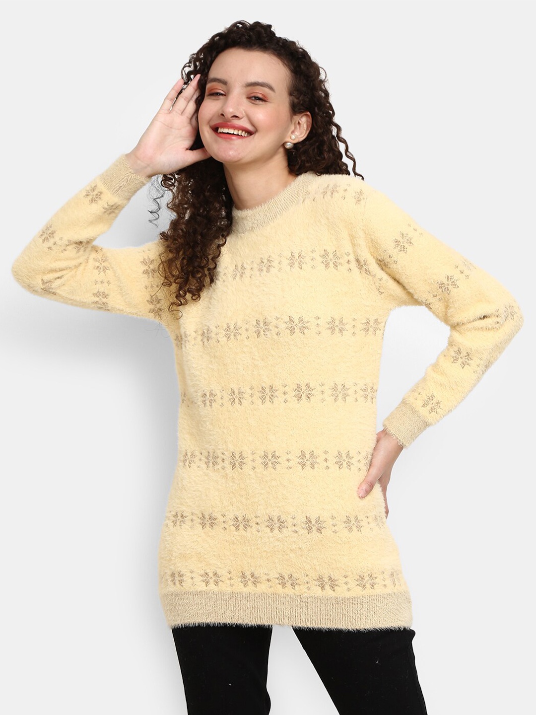 

V-Mart Round Neck Self Design Sweatshirt, Yellow