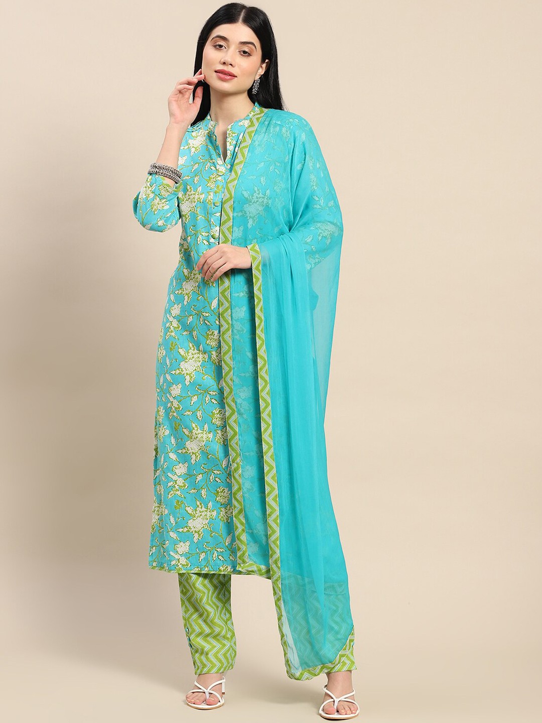 

Prakhya Women Blue Floral Printed Pure Cotton Kurta with Trousers & With Dupatta
