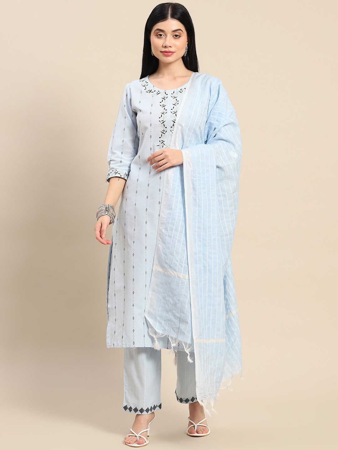 

Prakhya Women Blue Floral Embroidered Pure Cotton Kurta with Trousers & With Dupatta