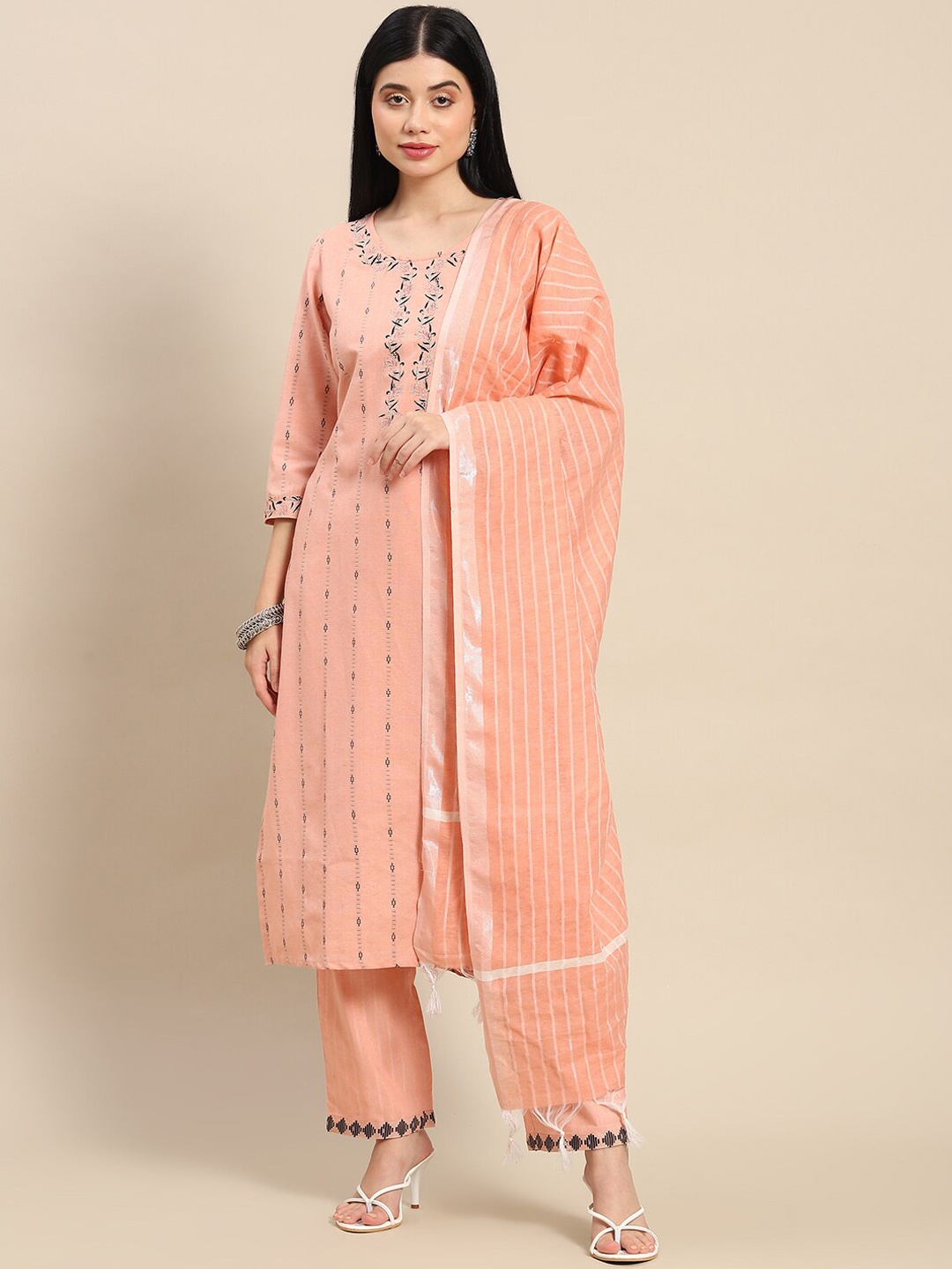 

Prakhya Women Orange Floral Embroidered Pure Cotton Kurta with Palazzos & With Dupatta