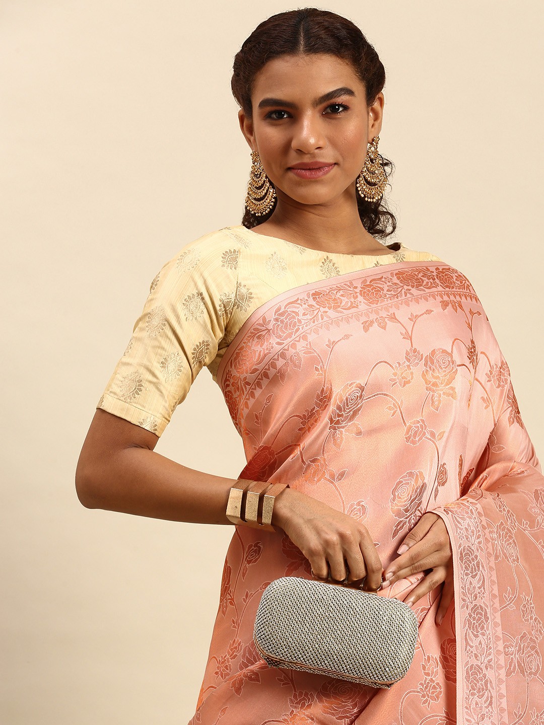 

SANGAM PRINTS Pink Floral Silk Blend Saree