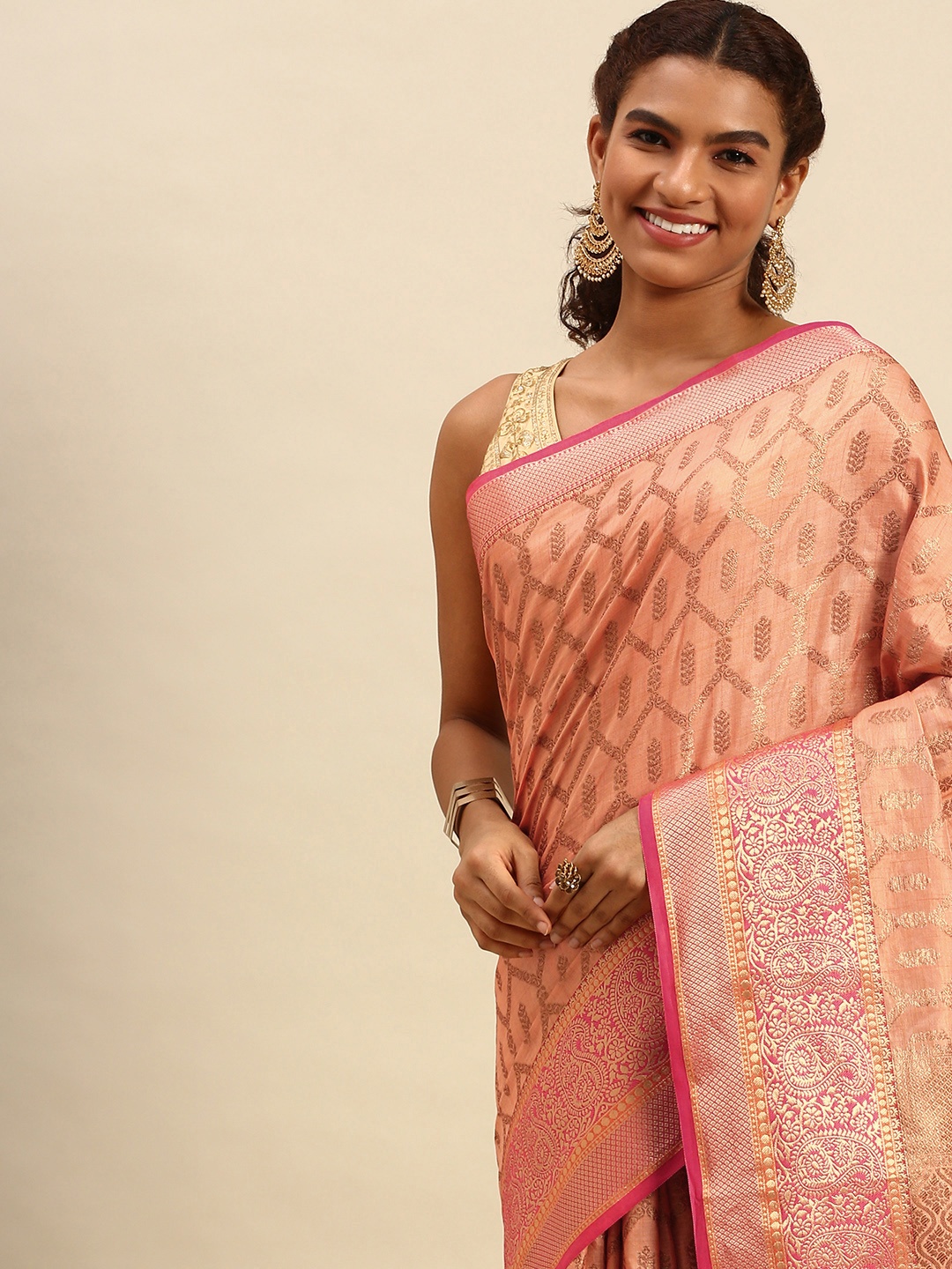 

SANGAM PRINTS Peach-Coloured & Red Woven Design Silk Blend Saree