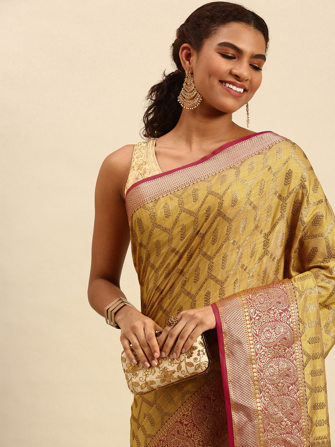 

SANGAM PRINTS Mustard Yellow & Golden Woven Design Silk Blend Saree
