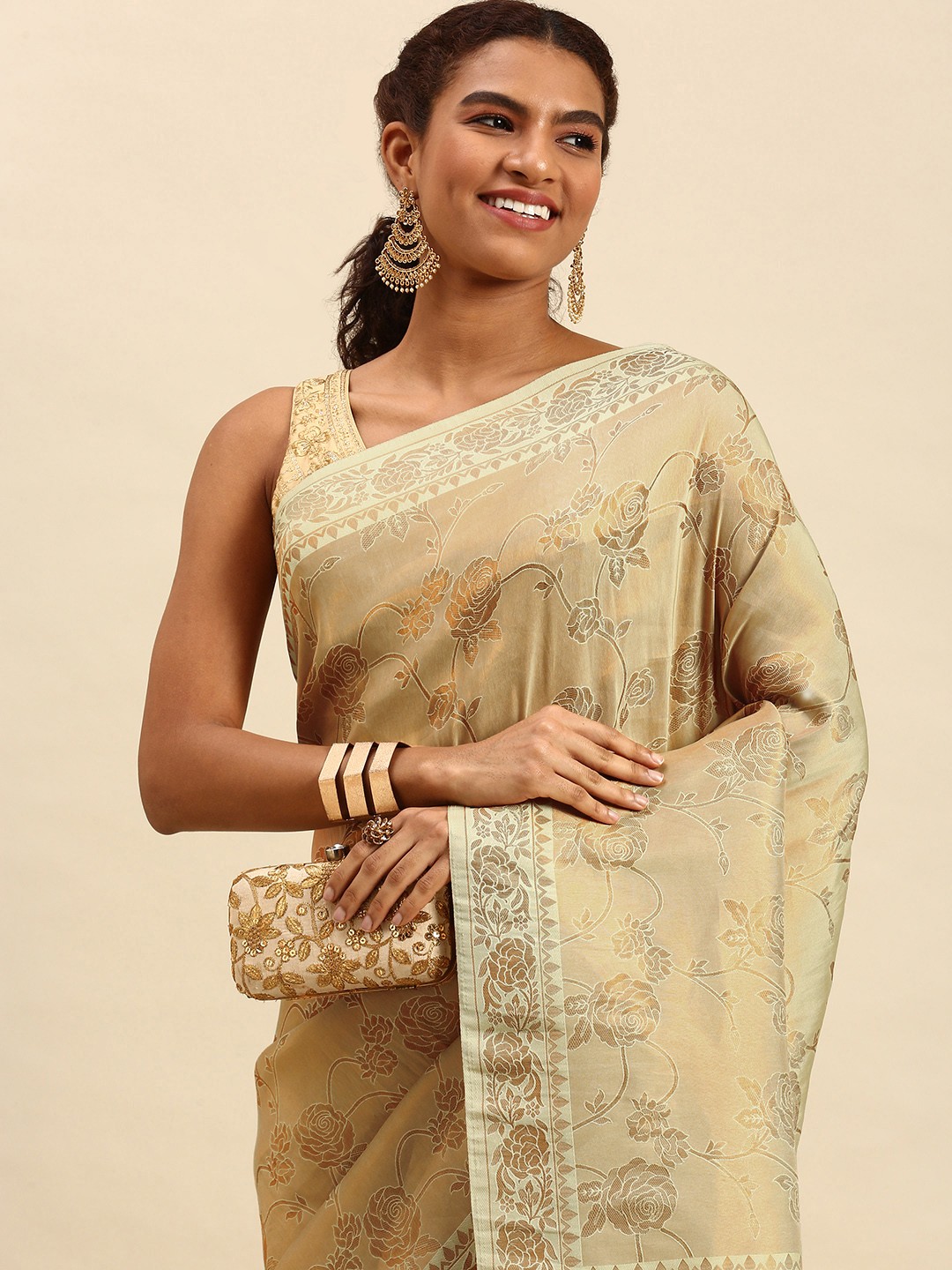 

SANGAM PRINTS Yellow Floral Silk Blend Saree