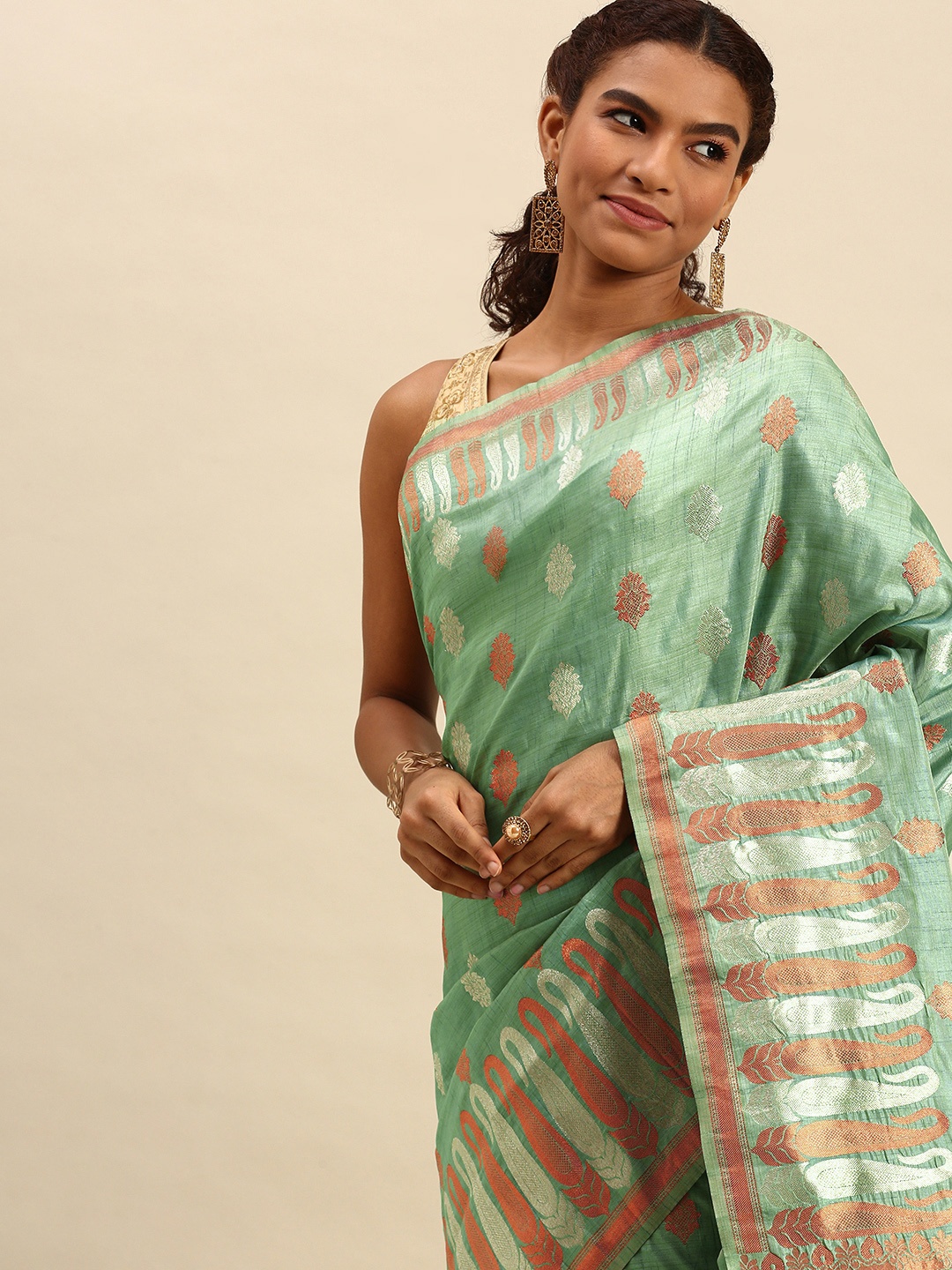

SANGAM PRINTS Sea Green & Coral Woven Design Silk Blend Saree