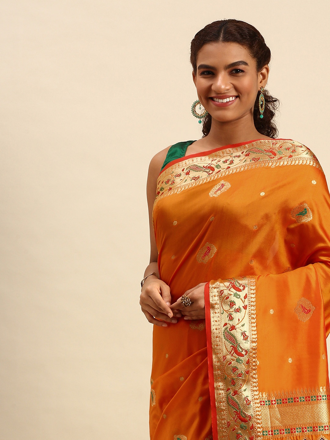 

SANGAM PRINTS Orange & Golden Woven Design Silk Blend Saree