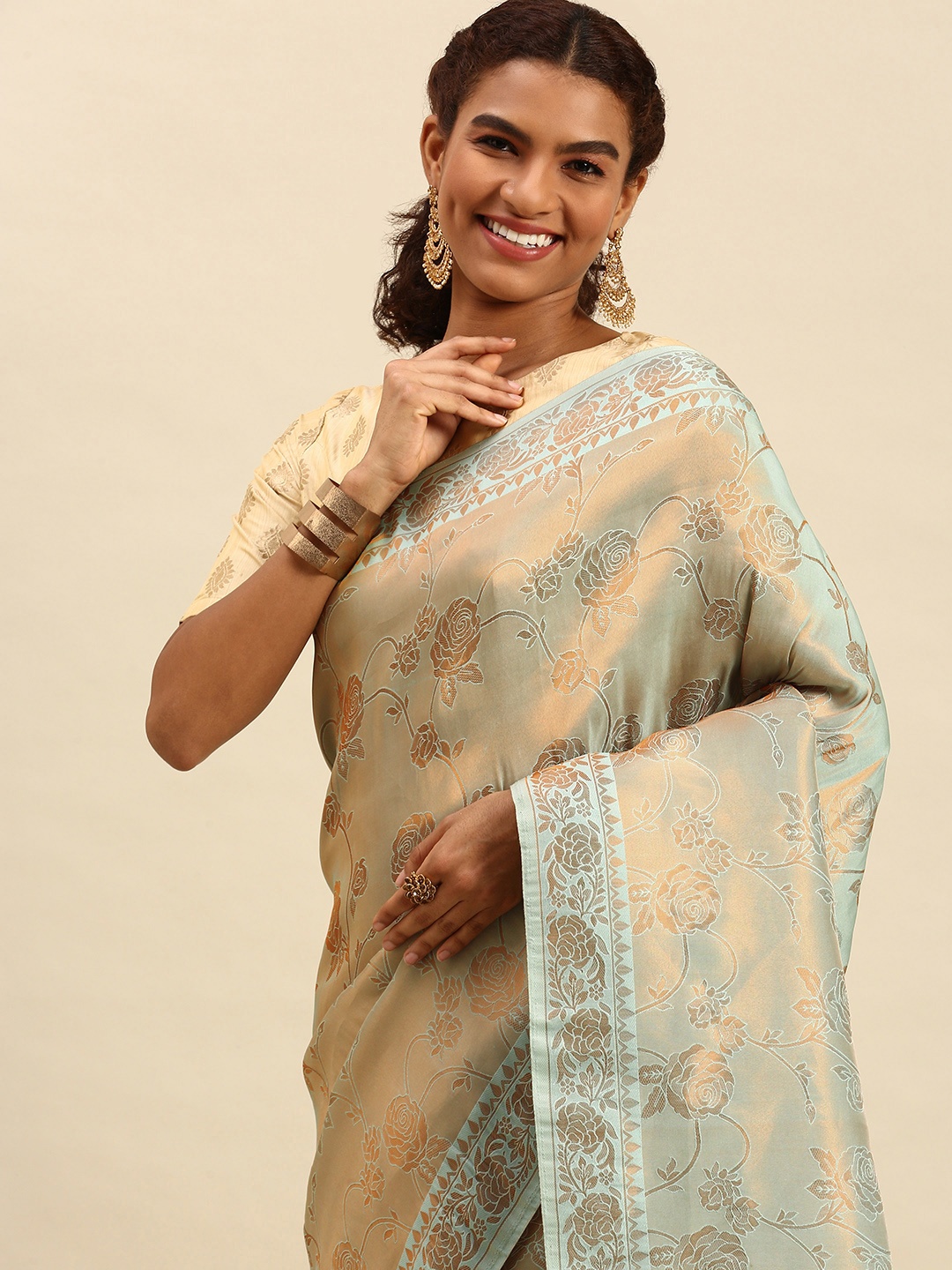 

SANGAM PRINTS Sea Green Floral Silk Blend Saree