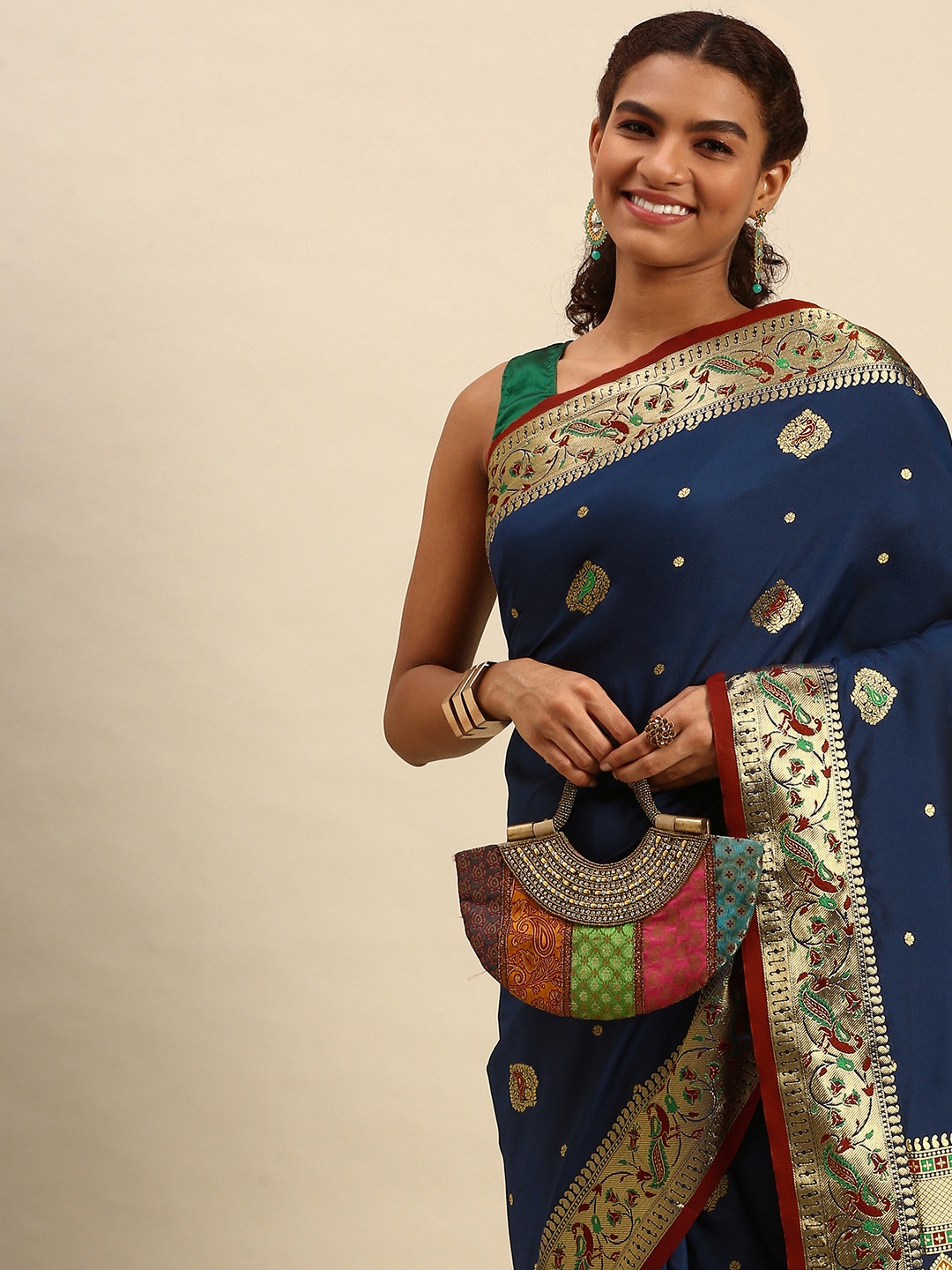 

SANGAM PRINTS Navy Blue & Golden Woven Design Silk Blend Saree