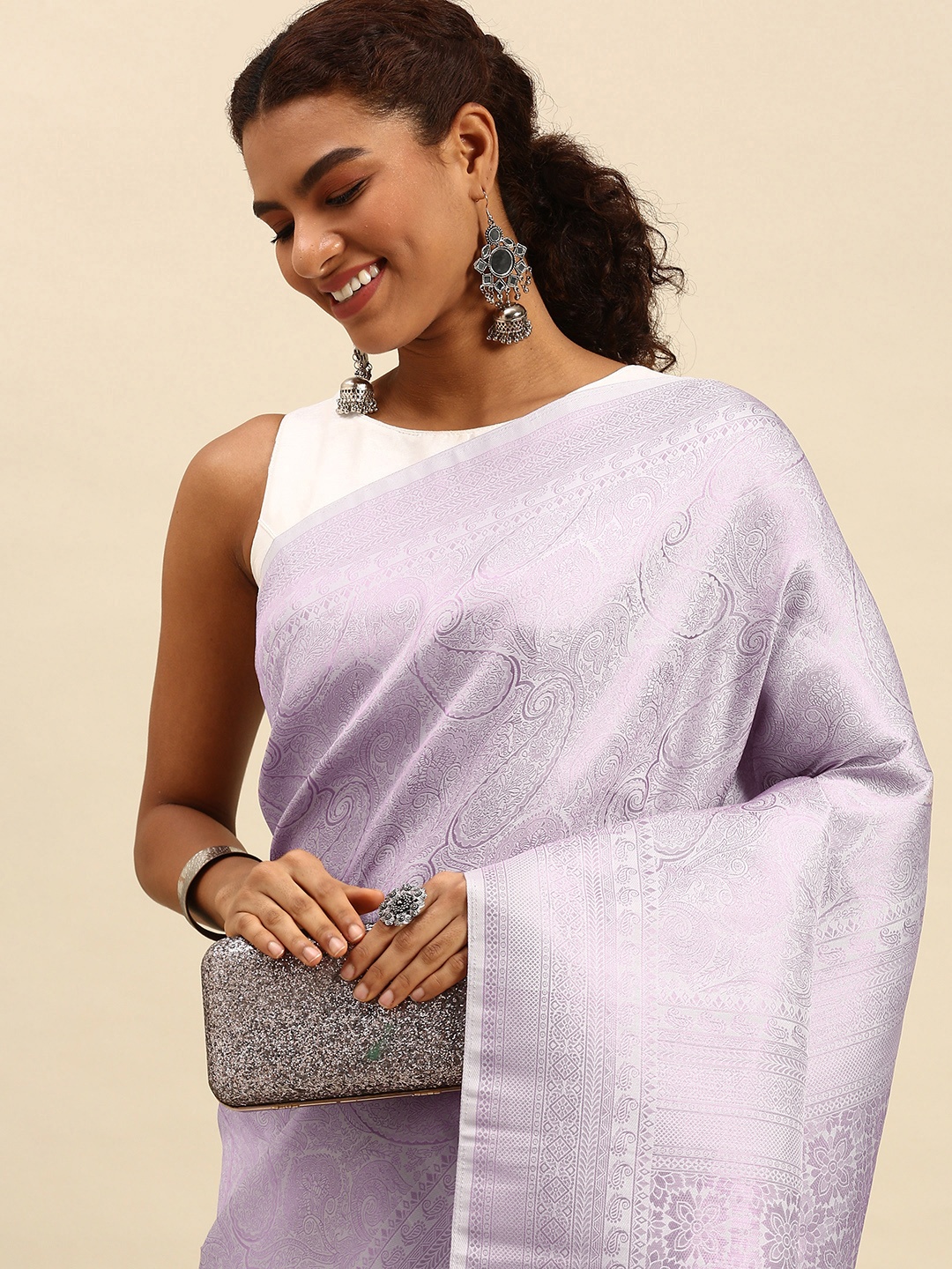 

SANGAM PRINTS Lilac Woven Design Silk Blend Saree, Lavender