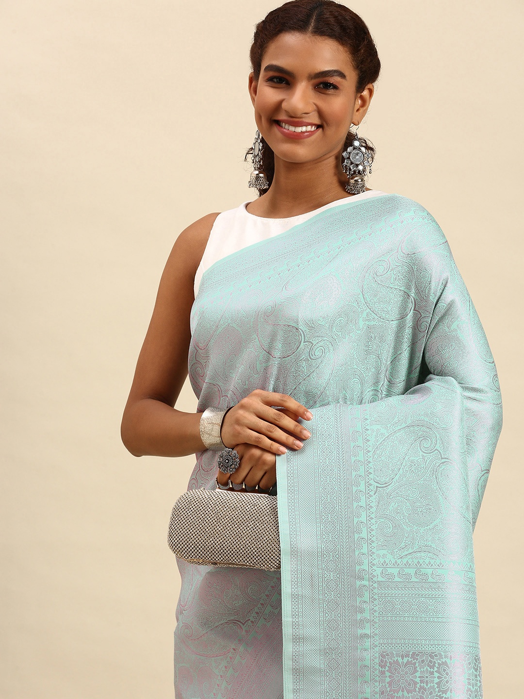 

SANGAM PRINTS Sea Green & Lavender Woven Design Silk Blend Saree