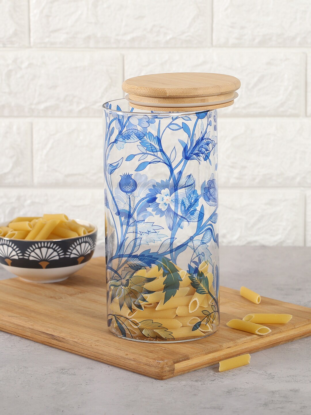 

India Circus by Krsnaa Mehta Transparent & Blue Printed Glass Storage Jar With Lid 1.4 L