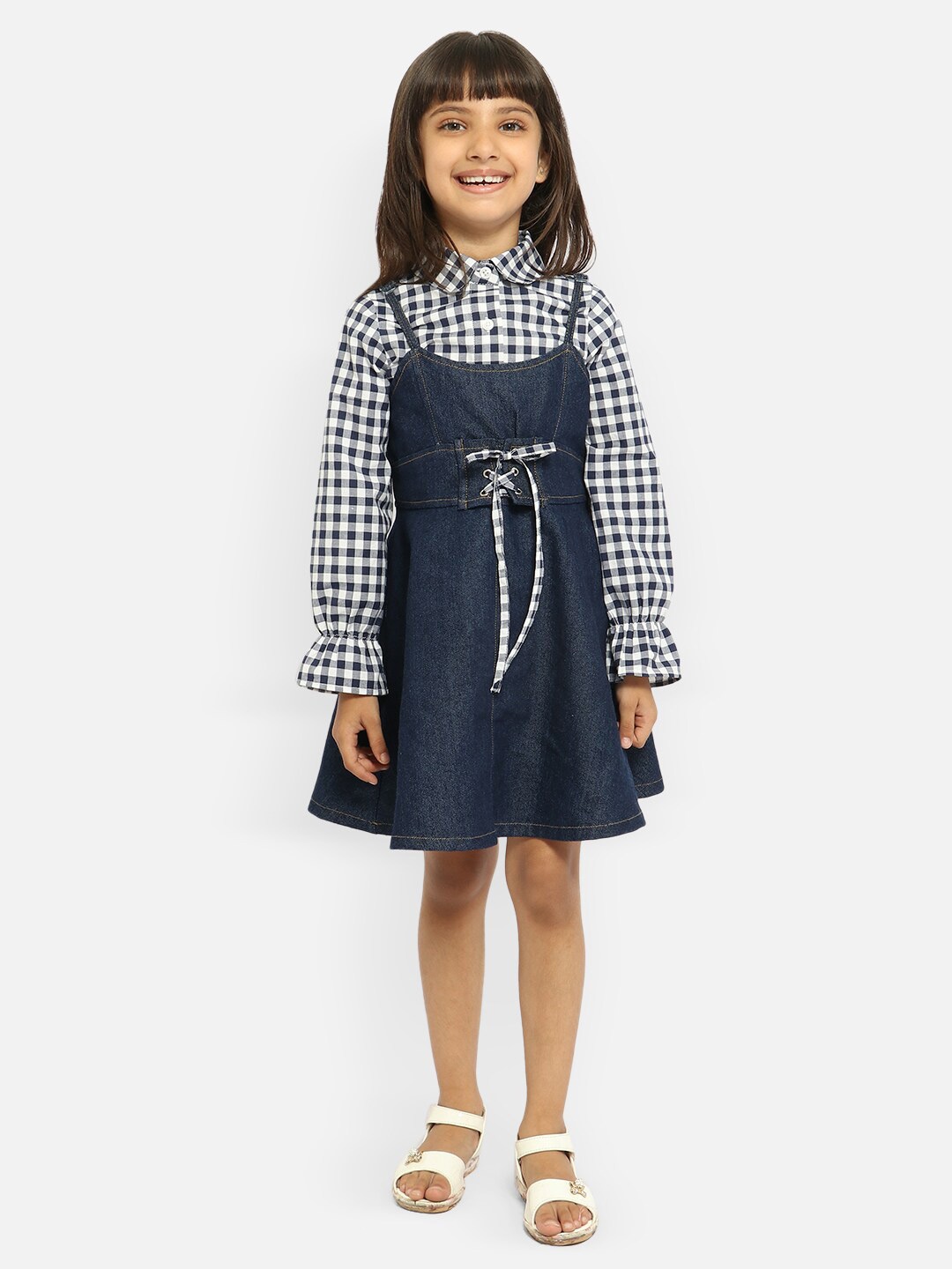 

Nauti Nati Girls Blue & White Sleeveless Pinafore Cotton Dress