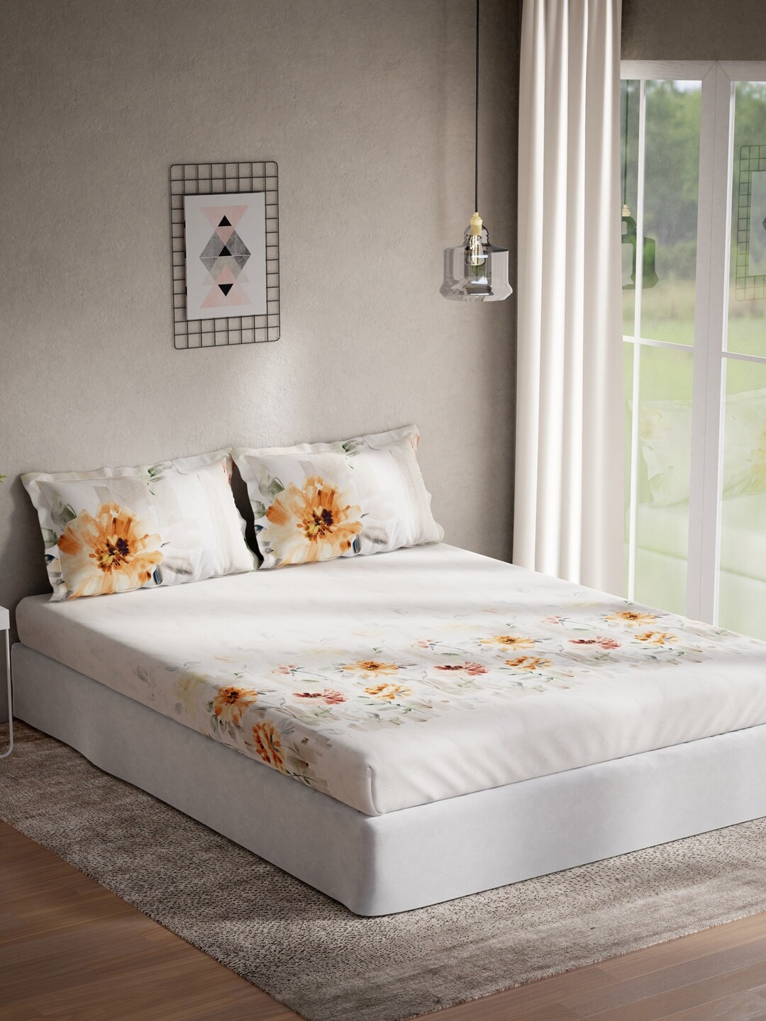 

DDecor White & Yellow Floral 140 Cotton TC Queen Bedsheet with 2 Pillow Covers