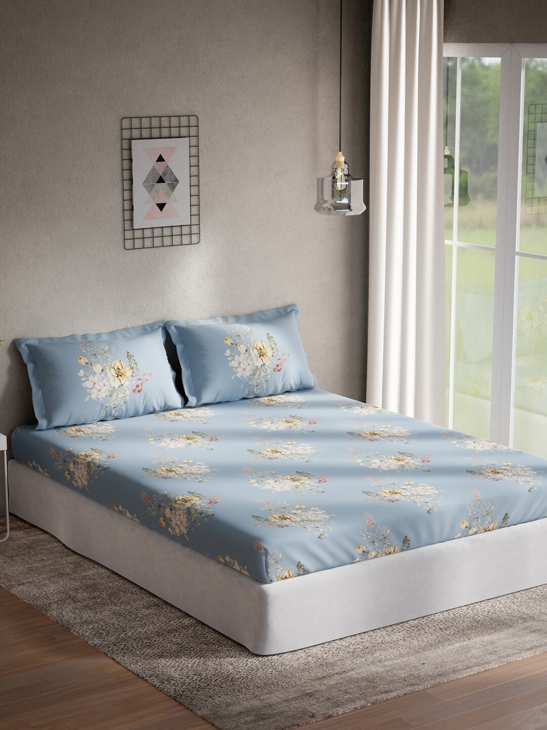 

DDecor Blue & White Floral 140 TC Cotton Queen Bedsheet with 2 Pillow Covers