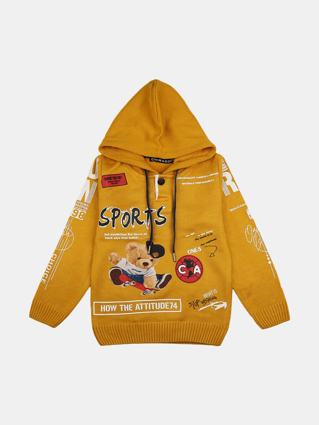 

V-Mart Boys Mustard Yellow Printed Hooded Pullover