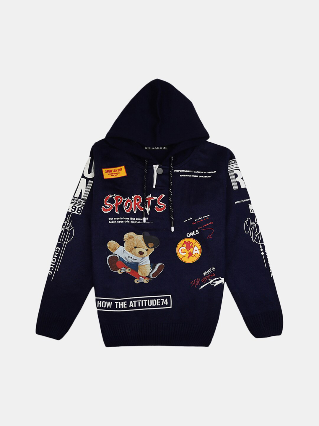 

V-Mart Boys Navy Blue Graphic Printed Cotton Hooded Pullover