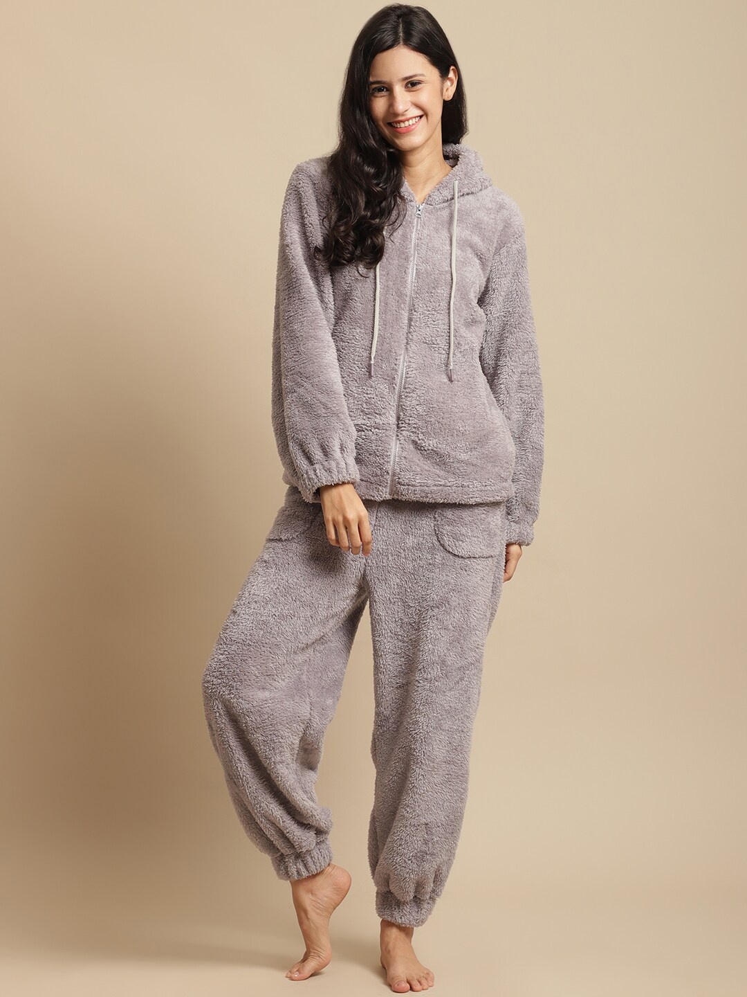 

Secret Wish Women Grey Solid Hooded Night suit