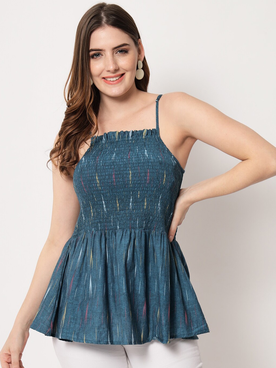 

Vastraa Fusion Blue Geometric Print Pure Cotton Peplum Top