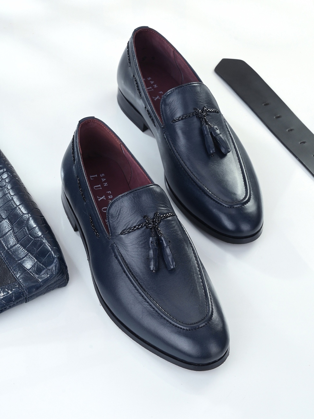

San Frissco Men Navy Blue Leather Loafers