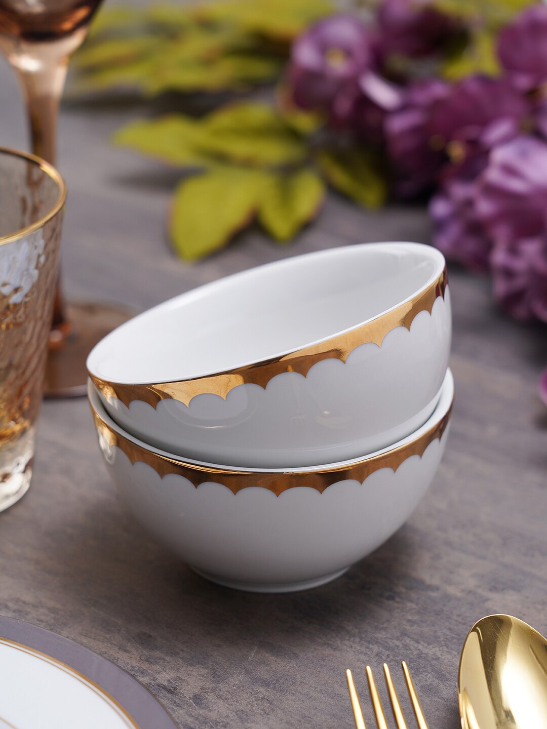 

Pure Home and Living Set Of 2 White & Gold Toned Solid Porcelain Serving Bowl