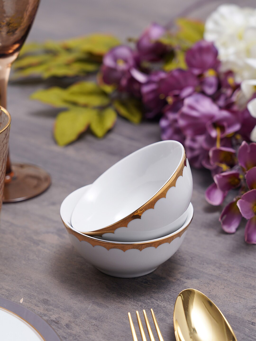 

Pure Home and Living Set Of 2 White & Gold-Toned Solid Serving Bowl