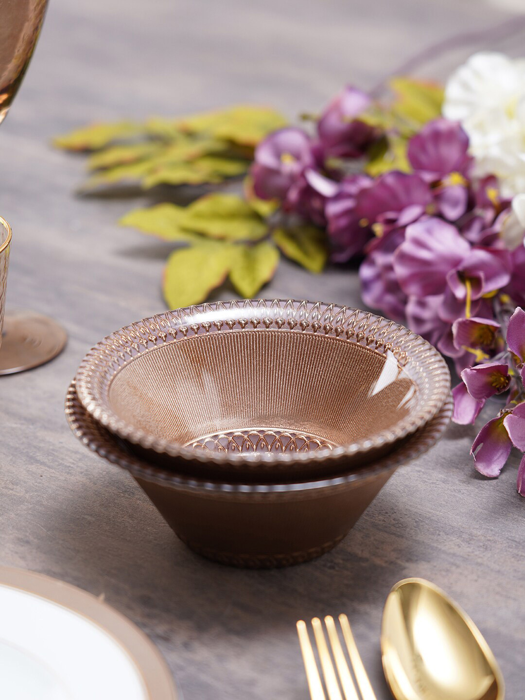 

Pure Home and Living Set Of 2 Gold-Toned Textured Smoke Quartz Katre Small Bowls