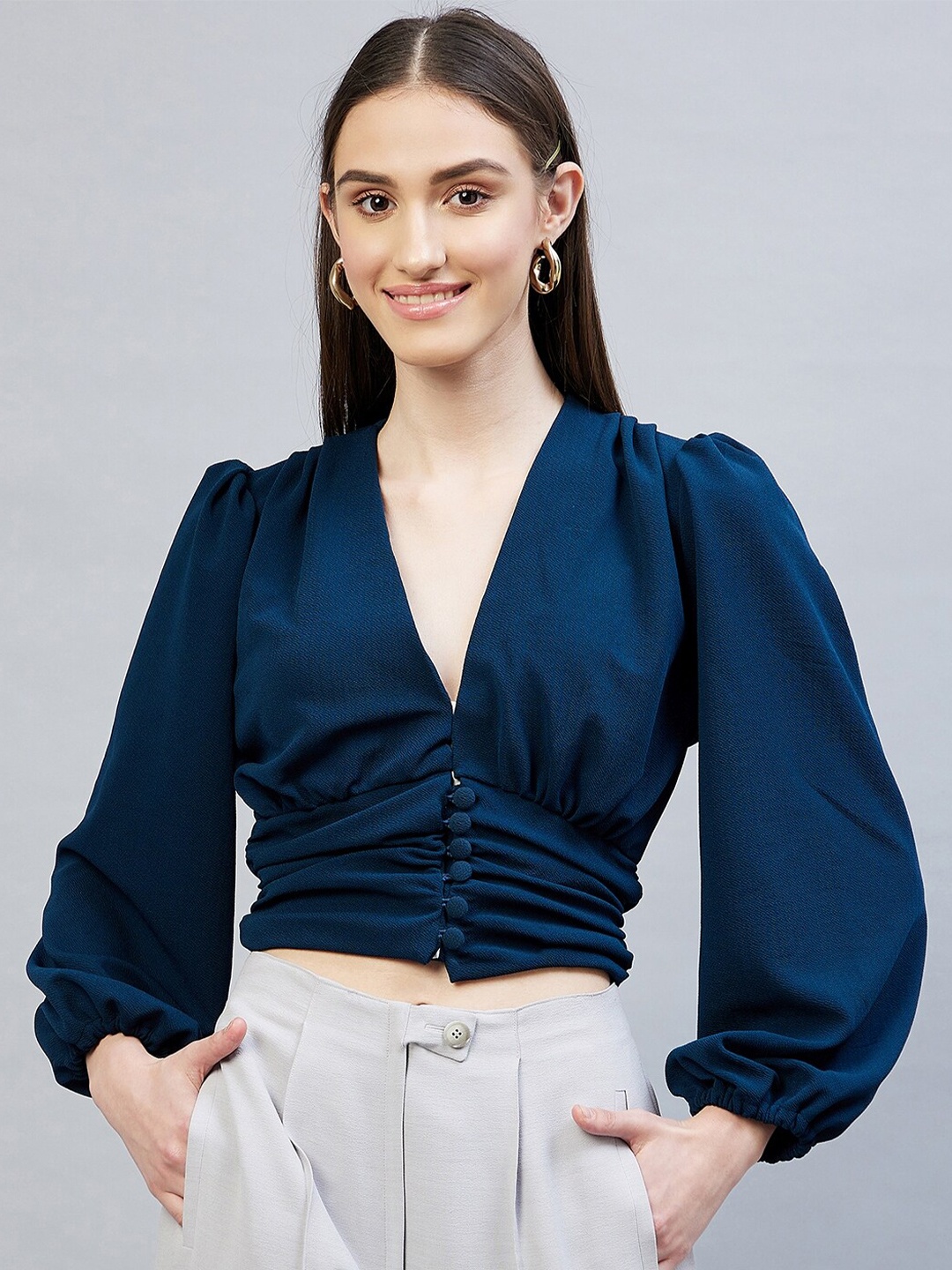 

DELAN Women Blue Cinched Waist Crop Top