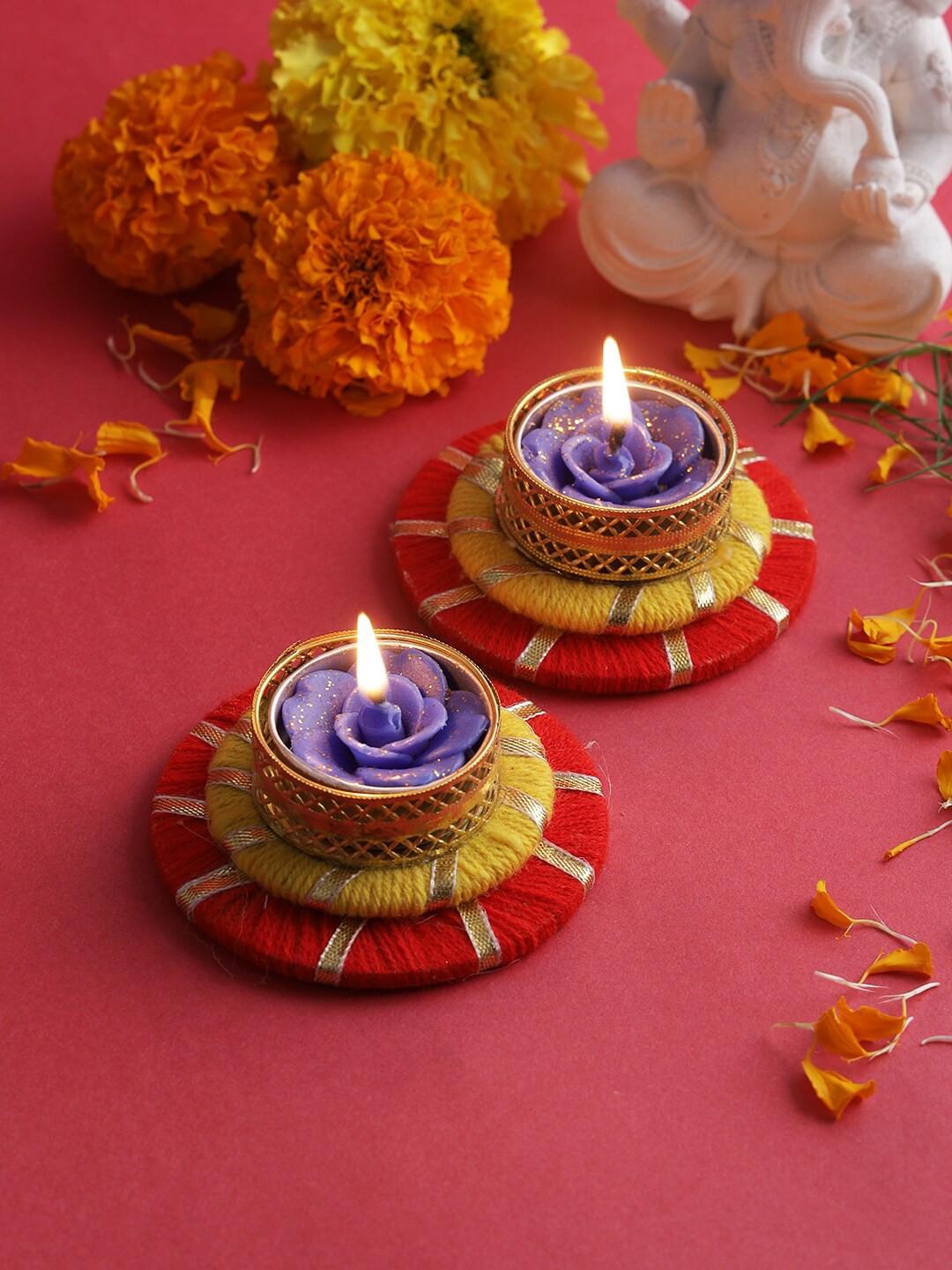

Aapno Rajasthan Set Of 2 Red & Yellow Textured Diyas