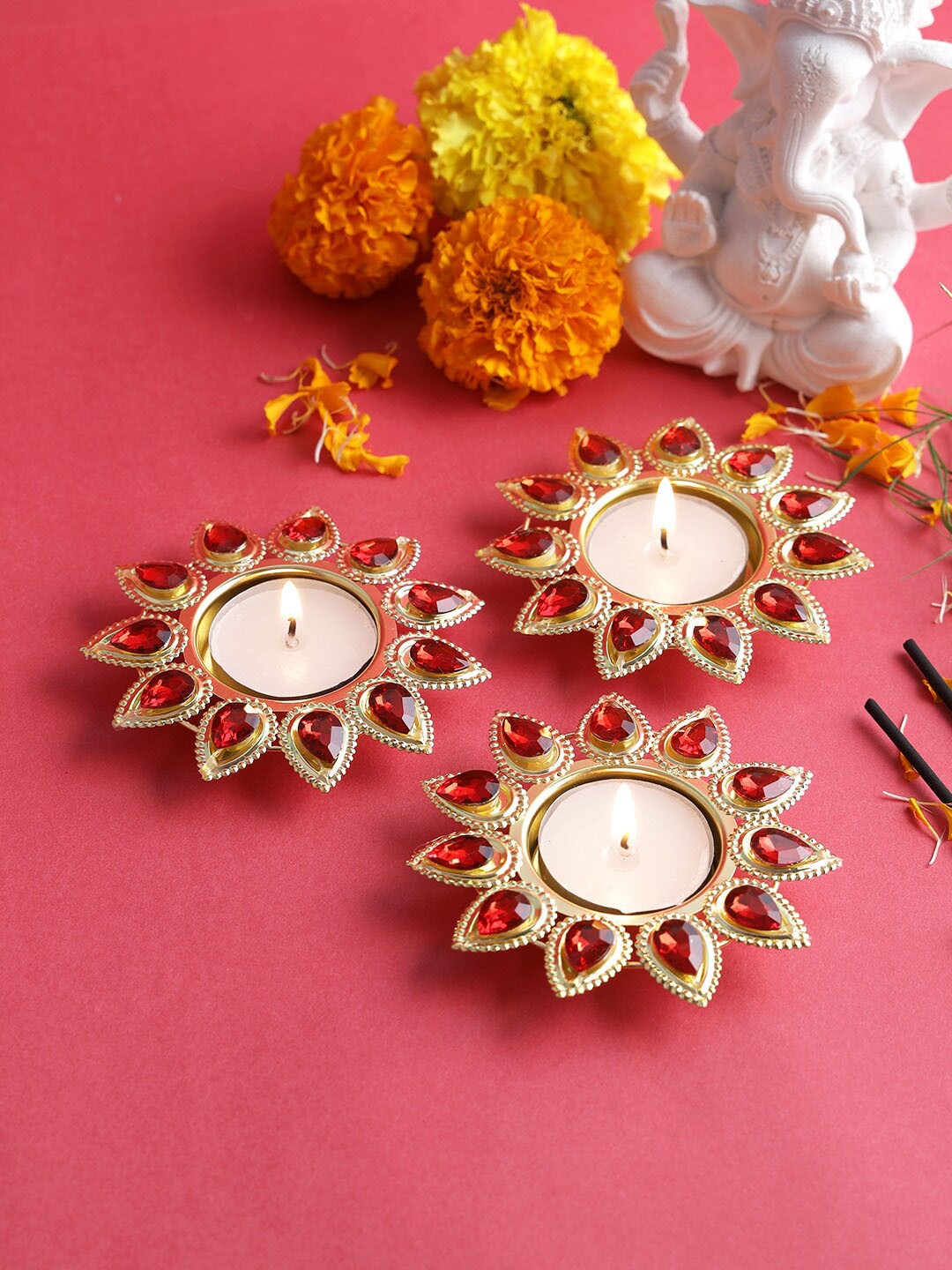 

Aapno Rajasthan Set Of 3 Flower Design Diyas With Kundan Work, Gold