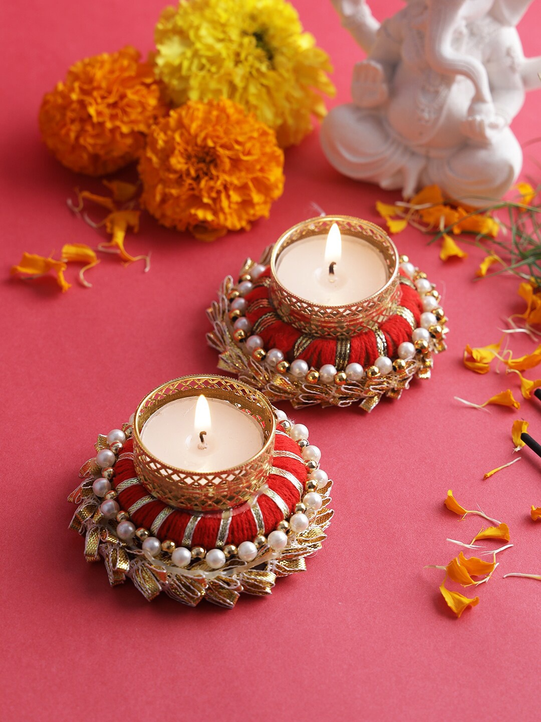 

Aapno Rajasthan Set Of 2 Decorative Diyas, Red