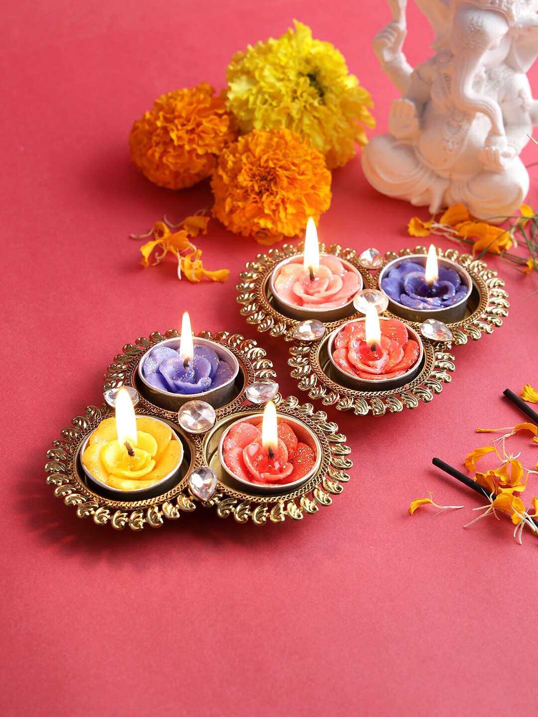 

Aapno Rajasthan Set Of 2 Diyas With 3 Tealight, Gold