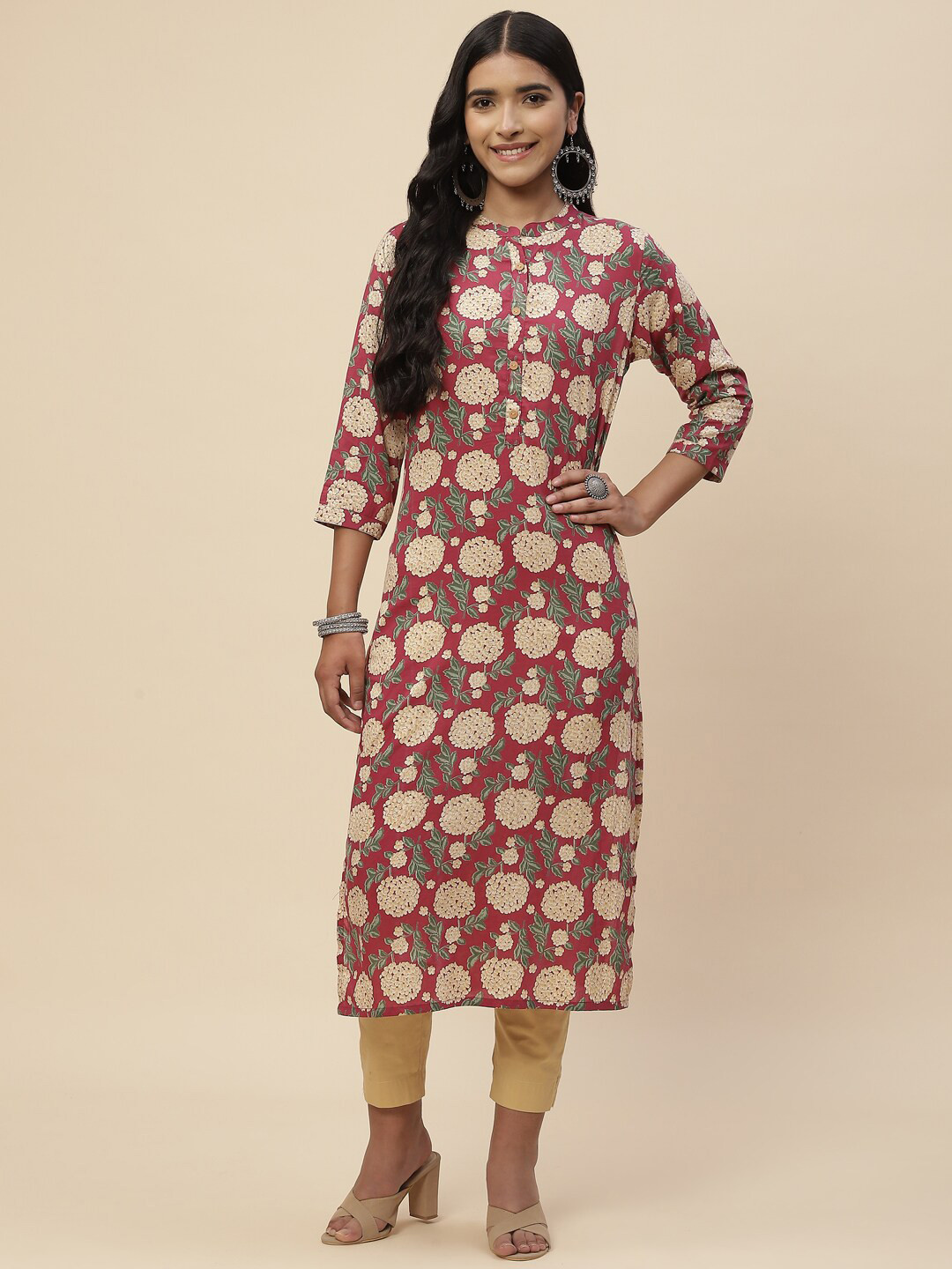 

Meena Bazaar Women Pink Floral Printed Pure Cotton Kurta