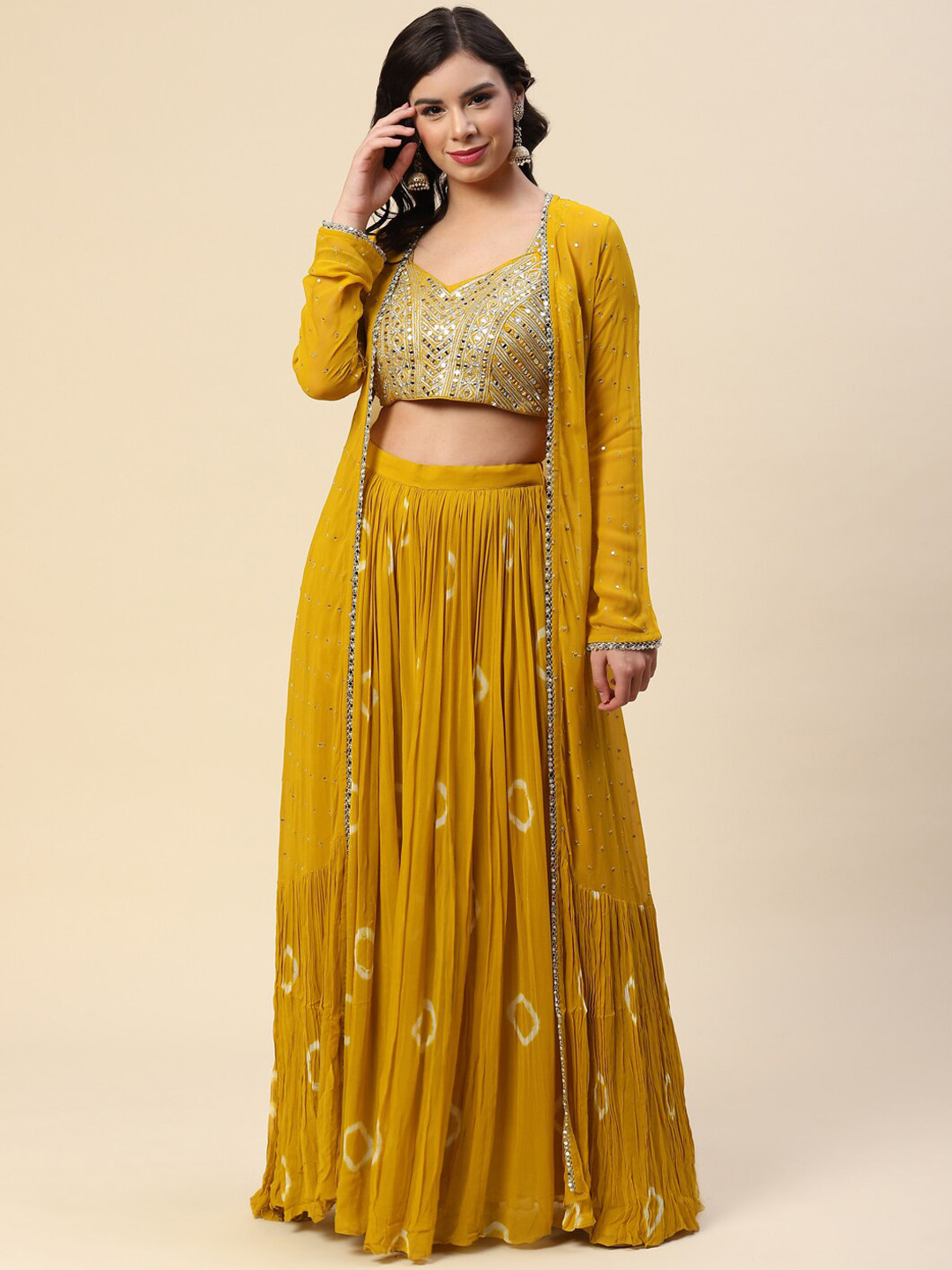 

Meena Bazaar Women Mustard Bandhani Mirror Work Silk Georgette Top & Palazzos With Jacket