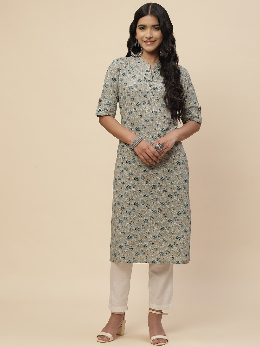 

Meena Bazaar Band Collar Floral Printed Regular Cotton Kurta, Grey