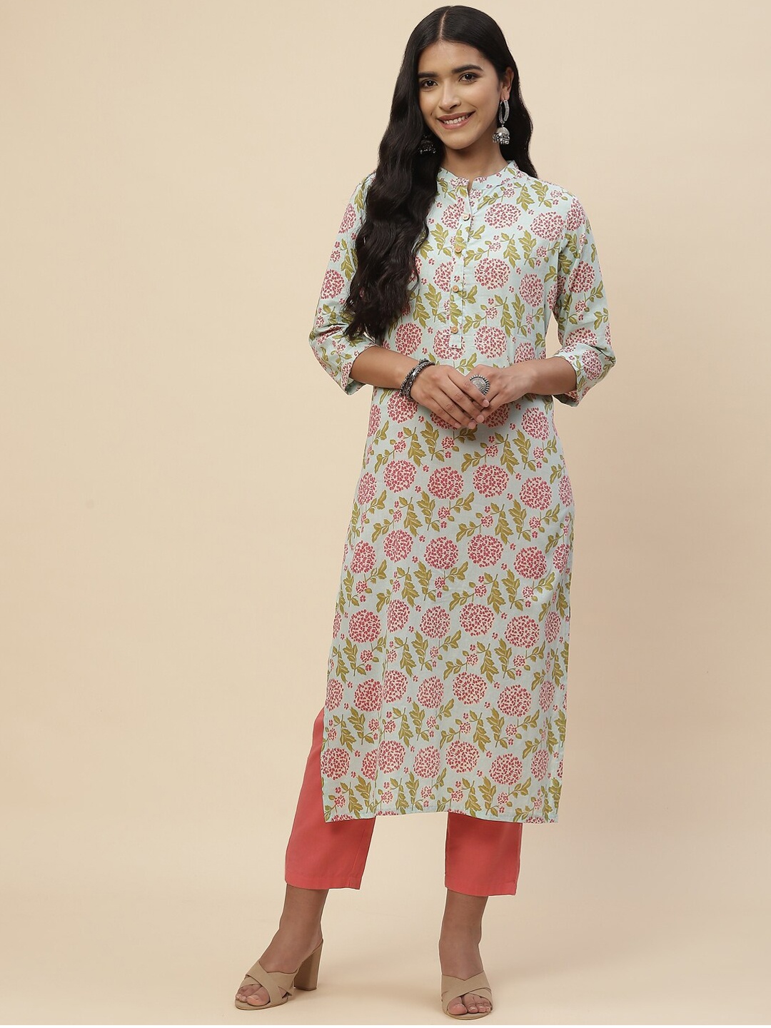 

Meena Bazaar Women Sea Green & Pink Floral Printed Pure Cotton Kurta