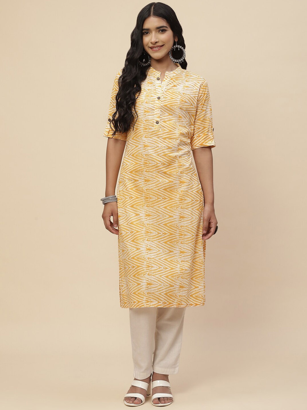 

Meena Bazaar Women Orange Geometric Printed Pure Cotton Kurta
